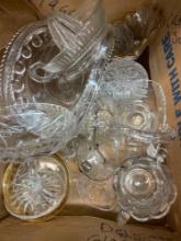Glass and crystal lot, including cake stand, juicer, banana boat dish and more