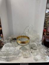 Large glass and crystal collection, including large crystal basket, eggplant, candy dishes,