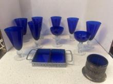 vintage Morgantown cobalt blue cup set and tray