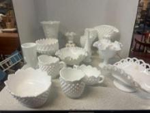 Hobnail milk glass lot. ruffled trays cups, pedestal, and other milk, glass items like laced glass