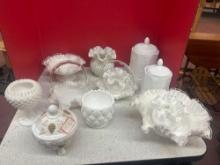 Silver crested ruffled milk glass bowls, baskets, vase. Grape and vine style cookie jars and more