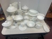 Hob nail milk glass items grape and vine milk glass, kemple, and more. vases, candleholders, salt