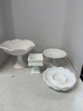 Large milk glass compote, 3 other pieces