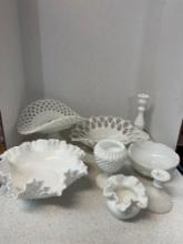 Fenton milk glass open lace bowl, hobnail bowl and vase, candleholder and more