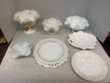 Silver crested pedestal bowl ruffled milk glass, hobnail ruffled milk glass laced plates decorative