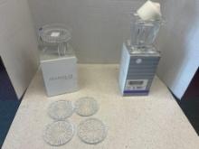 Marquis by Waterford, crystal glass, diamond, and coaster holder and quad prism candle holder and 4