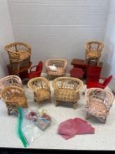 Cute lot of larger, doll furniture, wicker desk, set chairs
