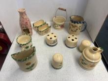 hand painted Ohio pottery and kitchen utensil pottery,salt and pepper holders, vases, pitcher etc.