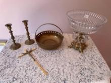 Brass items candlesticks, crucifix, two bowls one with prisms