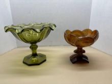 large avocado green compote Amber swirl glass compote