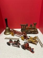 large brass desk bell cast-iron train doorstop cast-iron wagons pieces parts