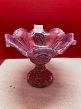 Fenton Glass Pedestal Bowl Compote Ruffled Candy Dish Pink Block and Star