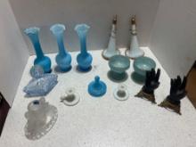 blue glass vases, cups, powder glass and more other glass items