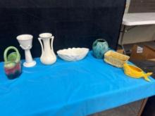 vintage pottery basket, vases, goblet, dishes and more