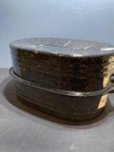 18? black enamel roasting pan and vintage ceramic cookie jar