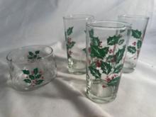 3 Christmas Holly Berry Glasses/ 1 Candy Dish