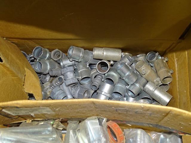 PALLET W/OUTLET PLUGS, SWITCHES, COVERS, STEEL PIPE FITTINGS, BRAKETS,