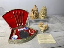 Carved Soapstone Asian Figures, Calligraphy Set