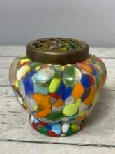 Czech Confetti Art Glass Case with Brass Mesh Flower Frog
