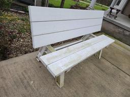 Wooden patio rocker and plastic bench