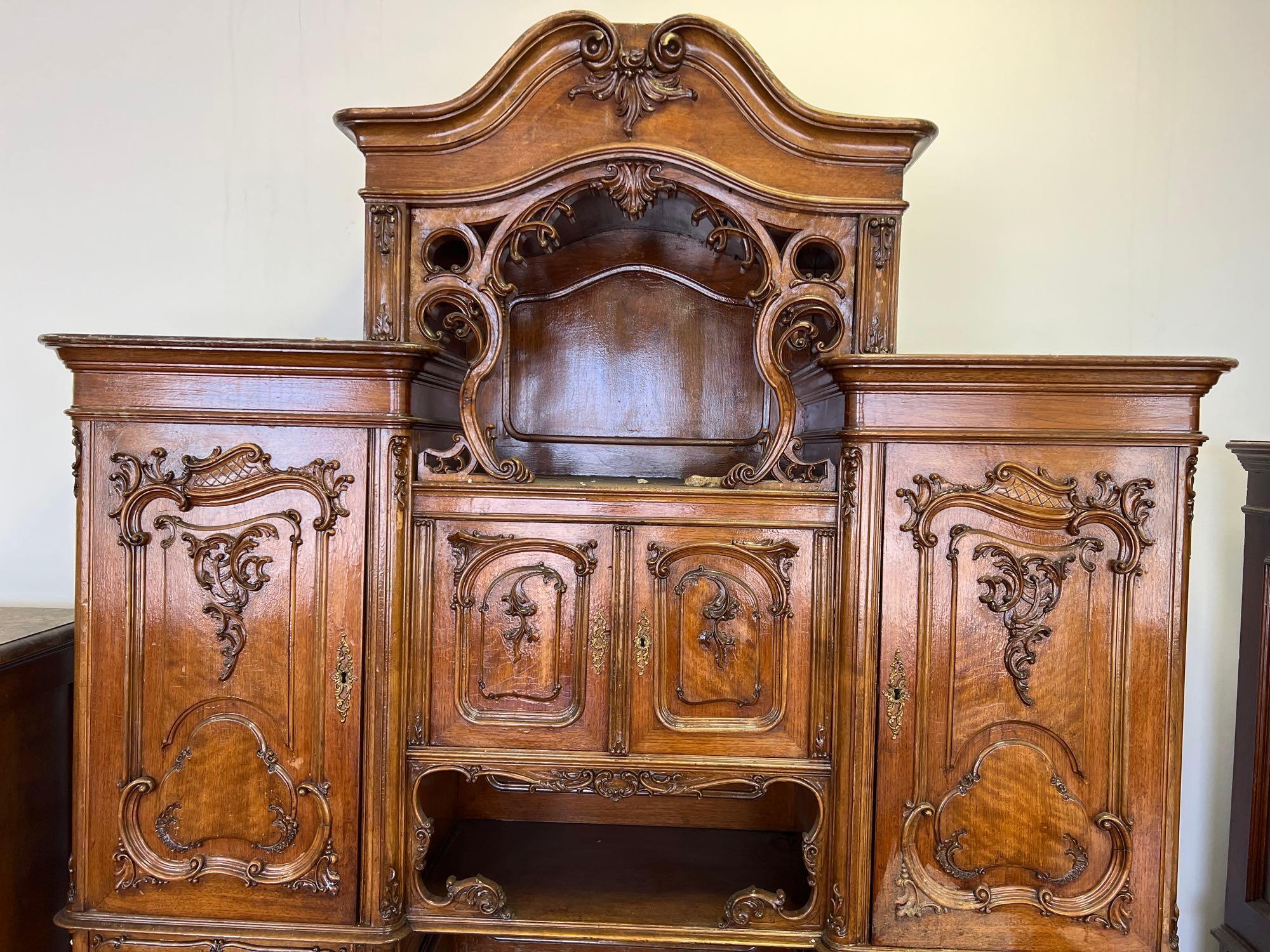 Very Ornate 1880s Austrian Walnut Hutch with Black Marble and Serving Tray
