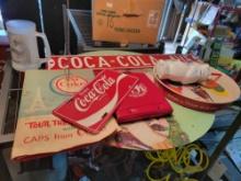 Coca Cola tray, metal sign, license plate, and memorabilia