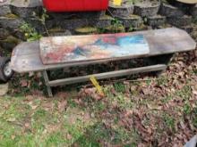 Primitive wood crock bench and painted art scene