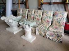 (6) Floral Padded Chairs, (2) Pedestals with glass tops