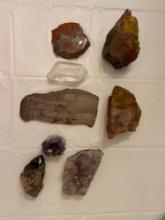 Amethyst, petrified wood, quartz, Smokey quartz