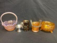 Dugan Glass Basket, Fenton Grape Fernery Bowl, & Vintage Glassware