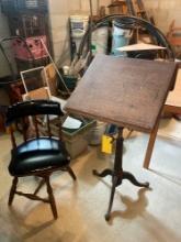 Early oak drafting desk w/ cast iron base, chair