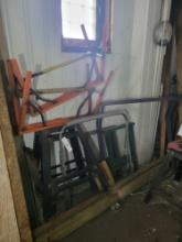 Group of saw horses, paint stands, tool stands