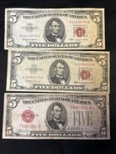 1928 & 1963 $5 red seal notes (3)
