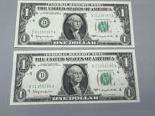 Consecutive Serial Numbers $1 Federal Reserve Notes (2)