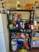 Shelf and Contents (sprays, paints, oils, salt, and more)