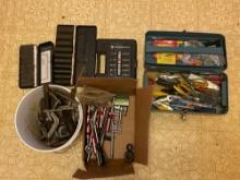 Bucket of C-Clamps, Driver Assortment, Sockets, & Toolbox