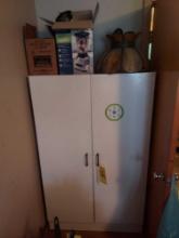 Metal Cabinet & Contents - Kitchen Appliances, Hanging Lamp Shade, & Kitchen Items