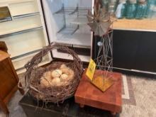 Butcher Block Cutting Board, Windmill Decor and Baskets with Eggs Decor