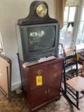 Wooden cabinet, Sylvania tv, Seth Thomas mantle wide up clock, records