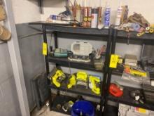 Shelf with Ryobi power tools and hardware