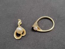 14K Gold/genuine pearl ring/pendant set, 3.6g