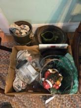 Buckets, Pottery, Glass canisters and bowl, Wirs basket