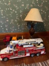 Toy fire truck, lamp, misc toys