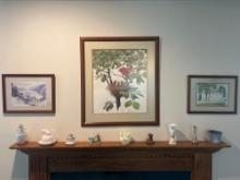 Cardinal print, The Meeting House print, Bridge print, mantle figurines including Fenton, wood