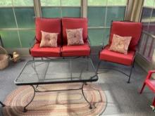 Six piece wrought iron patio set includes four chairs, loveseat and table