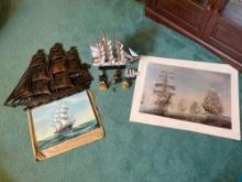 Assortment of ship picture and wall decor, painted print signed R. Dave, ship and captain figuriens