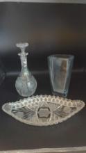 Clear Glass decanter vase and serving dish lot