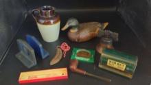 Wood Carved Duck, Sanfax Fruit knife, Bob-Bet bait box and more