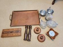 Craftsman studios handmade copper tray, wood items, creamer and sugar