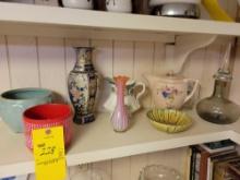 Raleigh pitcher, Crooksville pottery teapot, art glass decanter, bowls and oriental vase